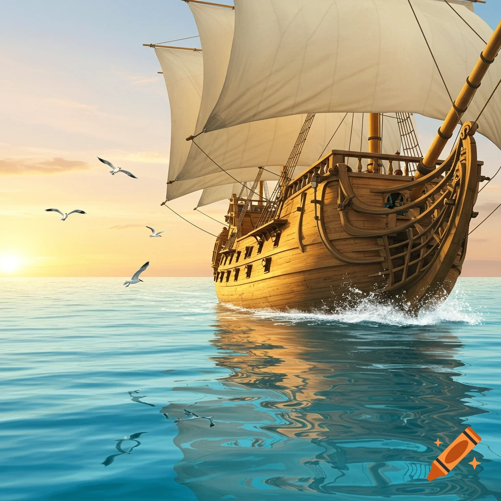 A majestic wooden ship with white sails glides across calm blue water at sunset, with seagulls flying nearby.