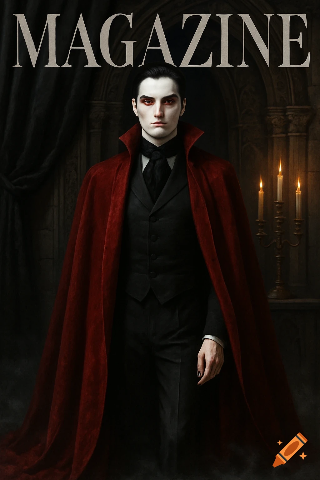 A pale man with red eyes and black hair wears a black suit and a long red cape, standing in a dark gothic setting with candles, under the word 'MAGAZINE'.