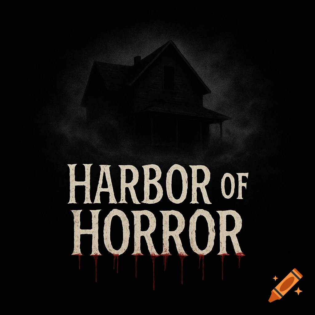 A horror logo featuring a dark, silhouetted abandoned house in fog above the text "HARBOR OF HORROR" with blood dripping from the letters.