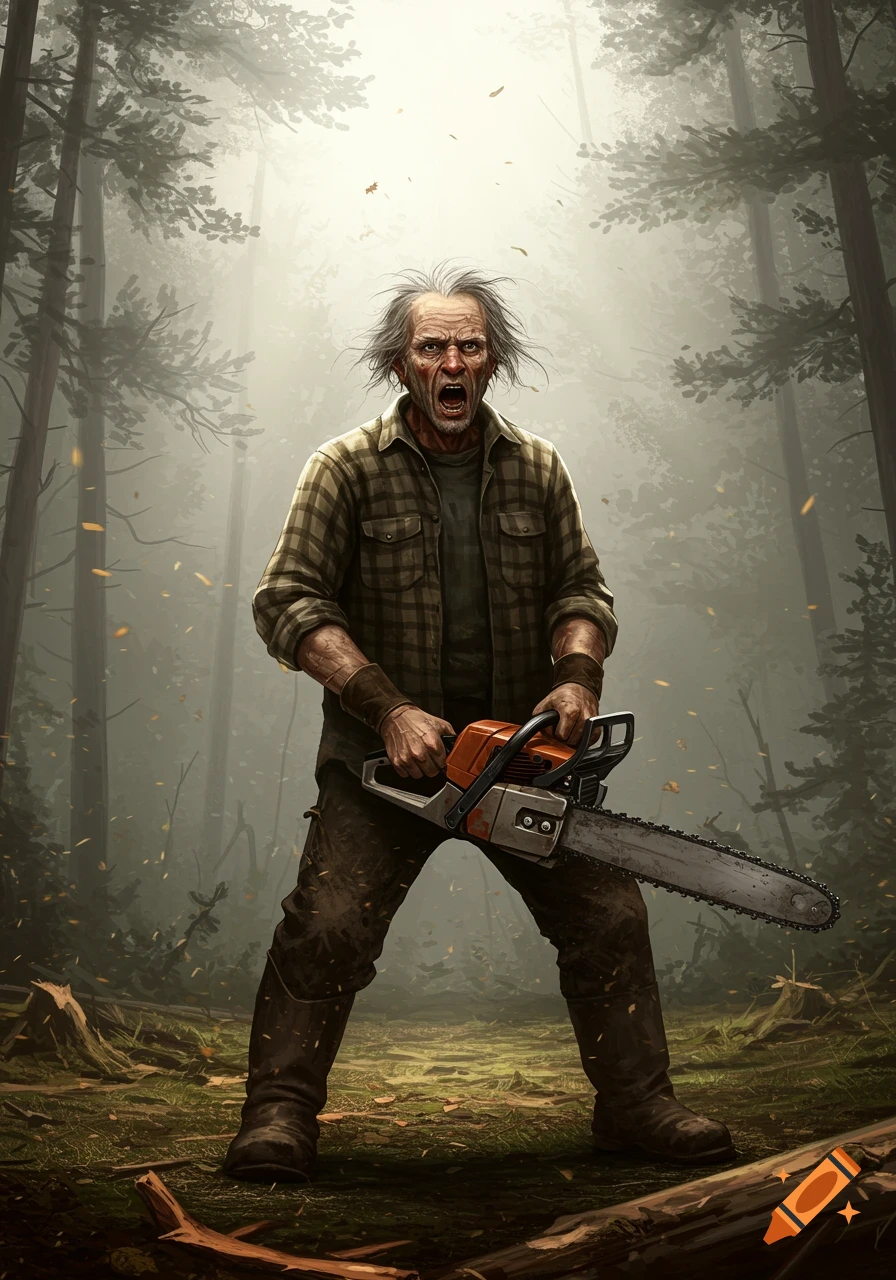 An enraged old man with wild gray hair, wearing a plaid shirt, holds a chainsaw in a foggy forest.