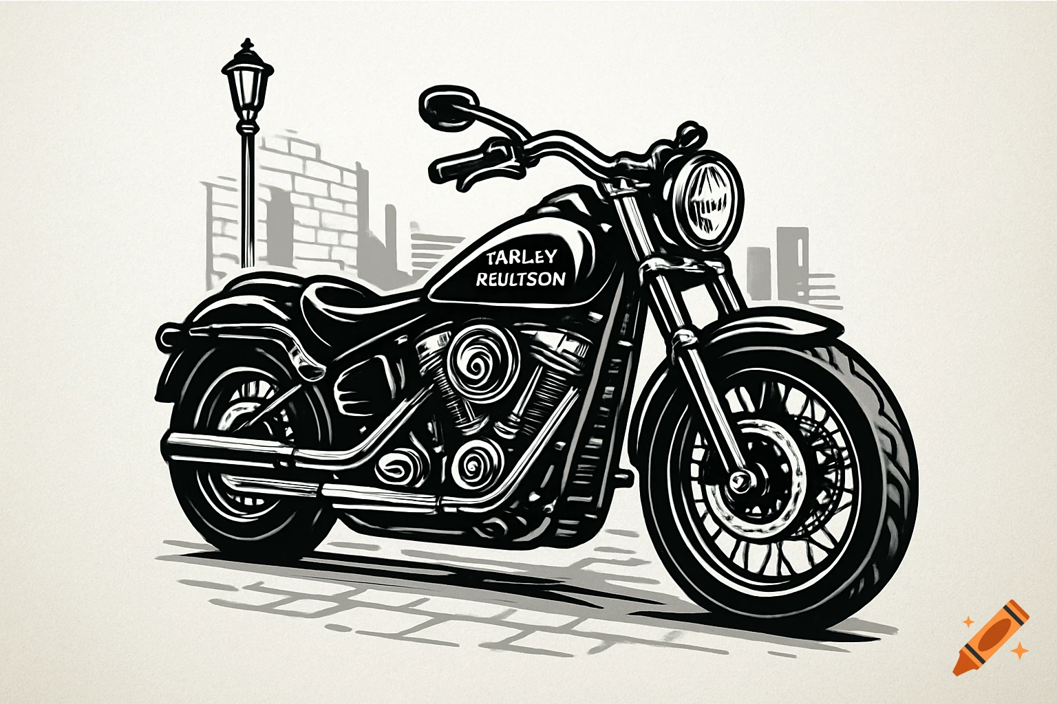 A black and white illustration of a classic motorcycle with a street lamp and city buildings in the background, in an SVG-like style.
