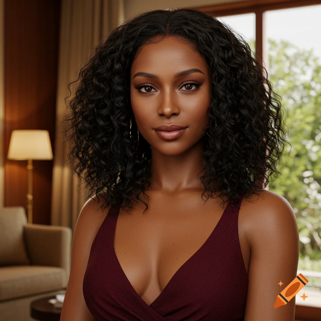 A photorealistic portrait of a young Black woman with curly hair wearing a maroon dress, looking directly at the viewer.