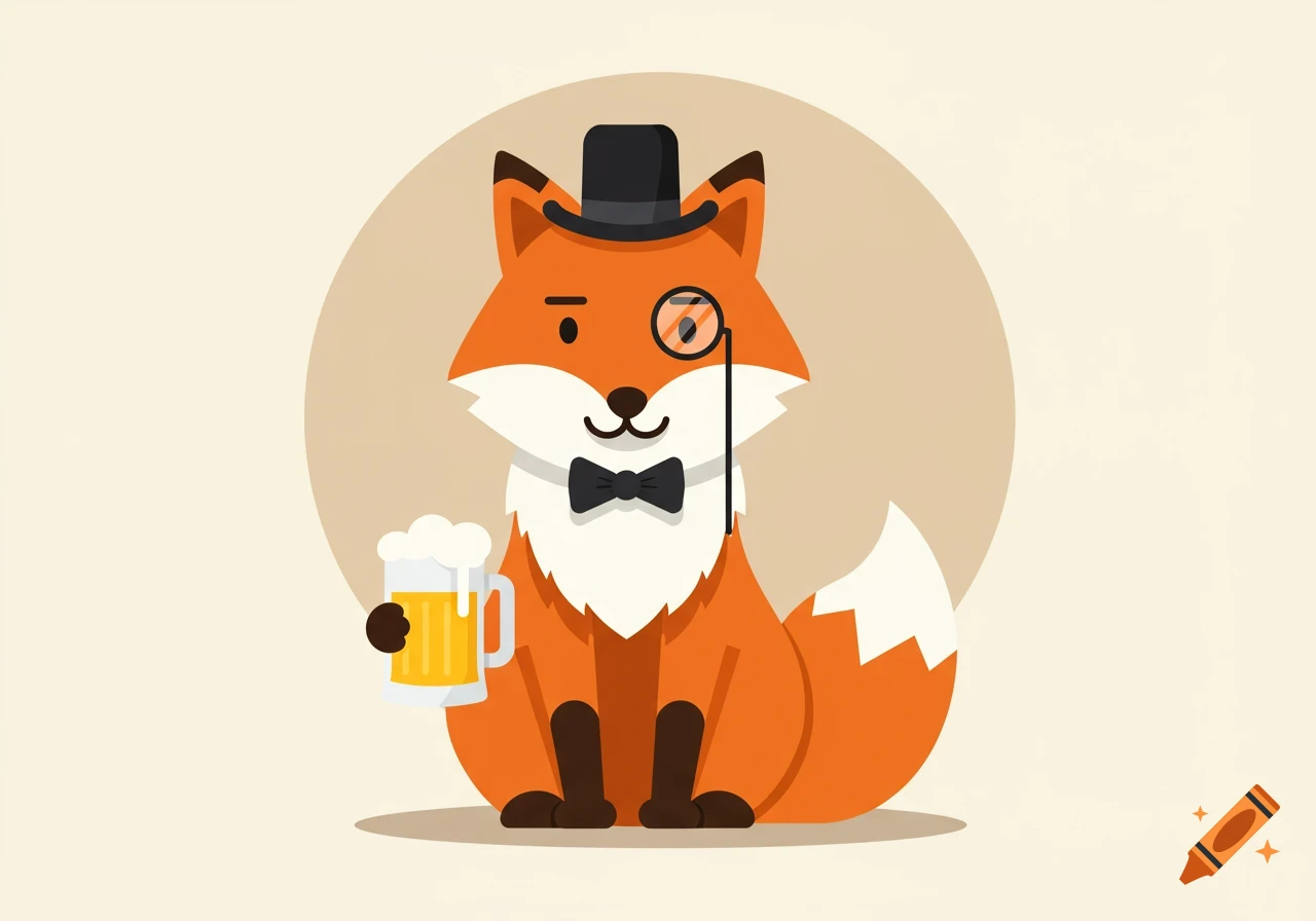 A cartoon fox wearing a top hat, monocle, and bow tie, sitting and holding a mug of beer, against a light background.