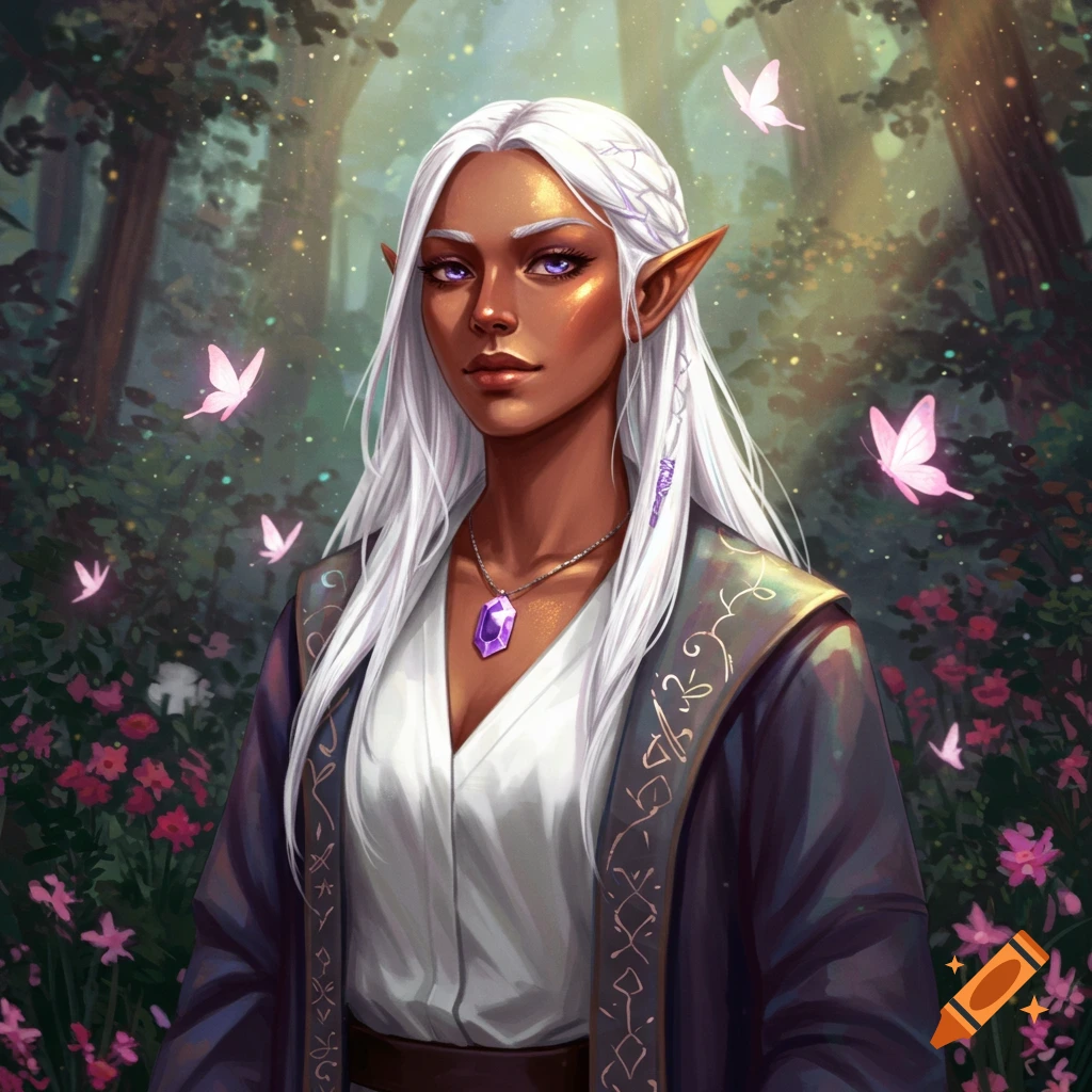 Portrait of an iridescent brown-skinned elf girl with white hair, purple eyes, and a purple amethyst necklace, wearing a dark robe in a magical forest with pink butterflies.