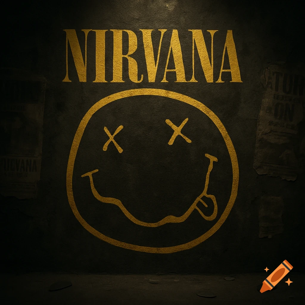 Golden Nirvana band logo with the iconic smiley face on a dark, textured wall, resembling graffiti or a poster.