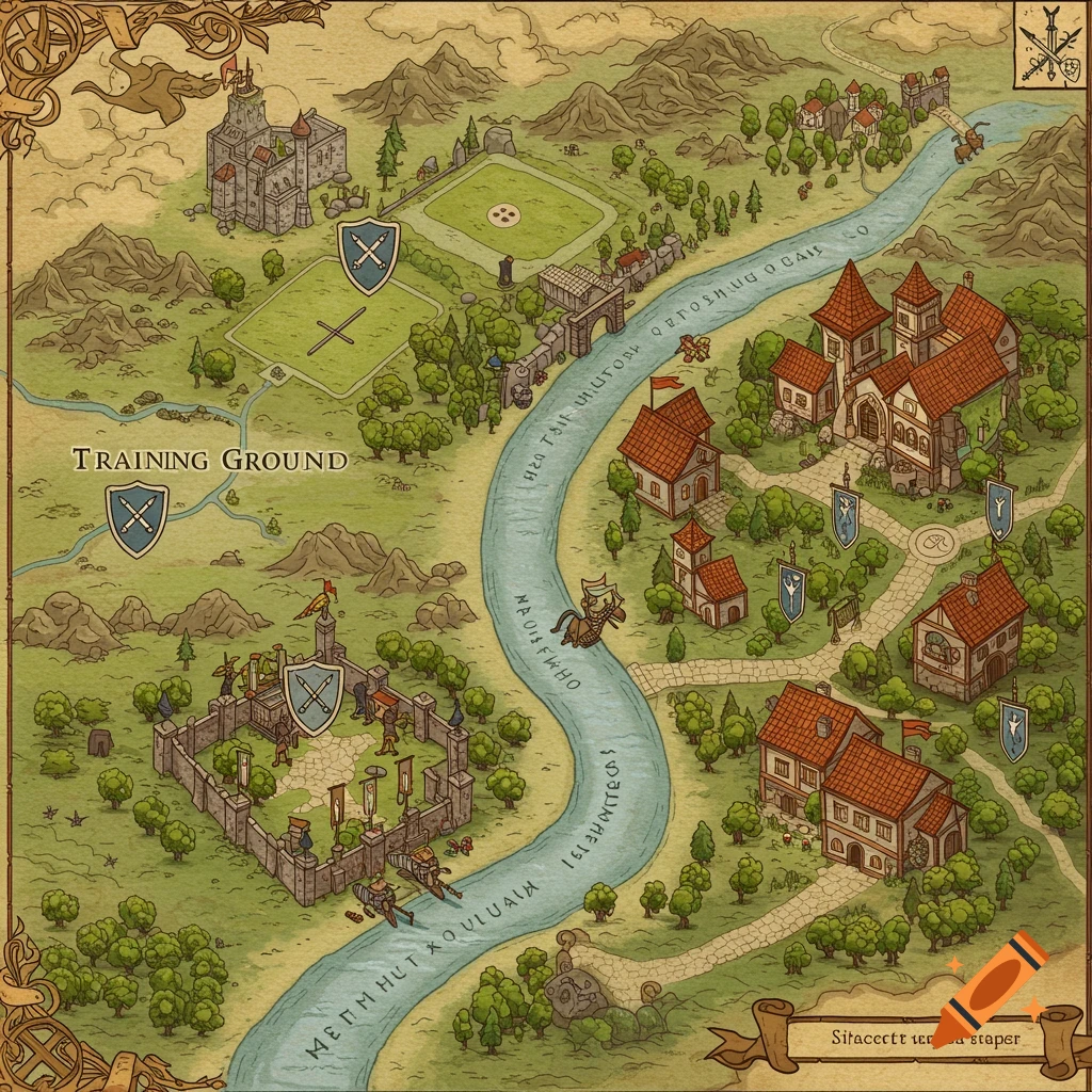 An isometric hand-drawn style fantasy map showing a river flowing through a village with houses, a castle, and training grounds.