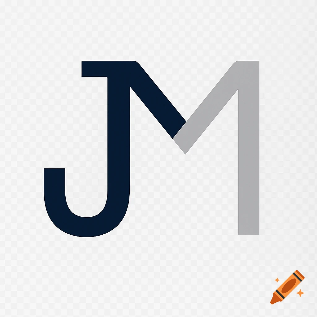 A stylized logo featuring a dark blue letter J and a light gray letter M, overlapping on a transparent background.