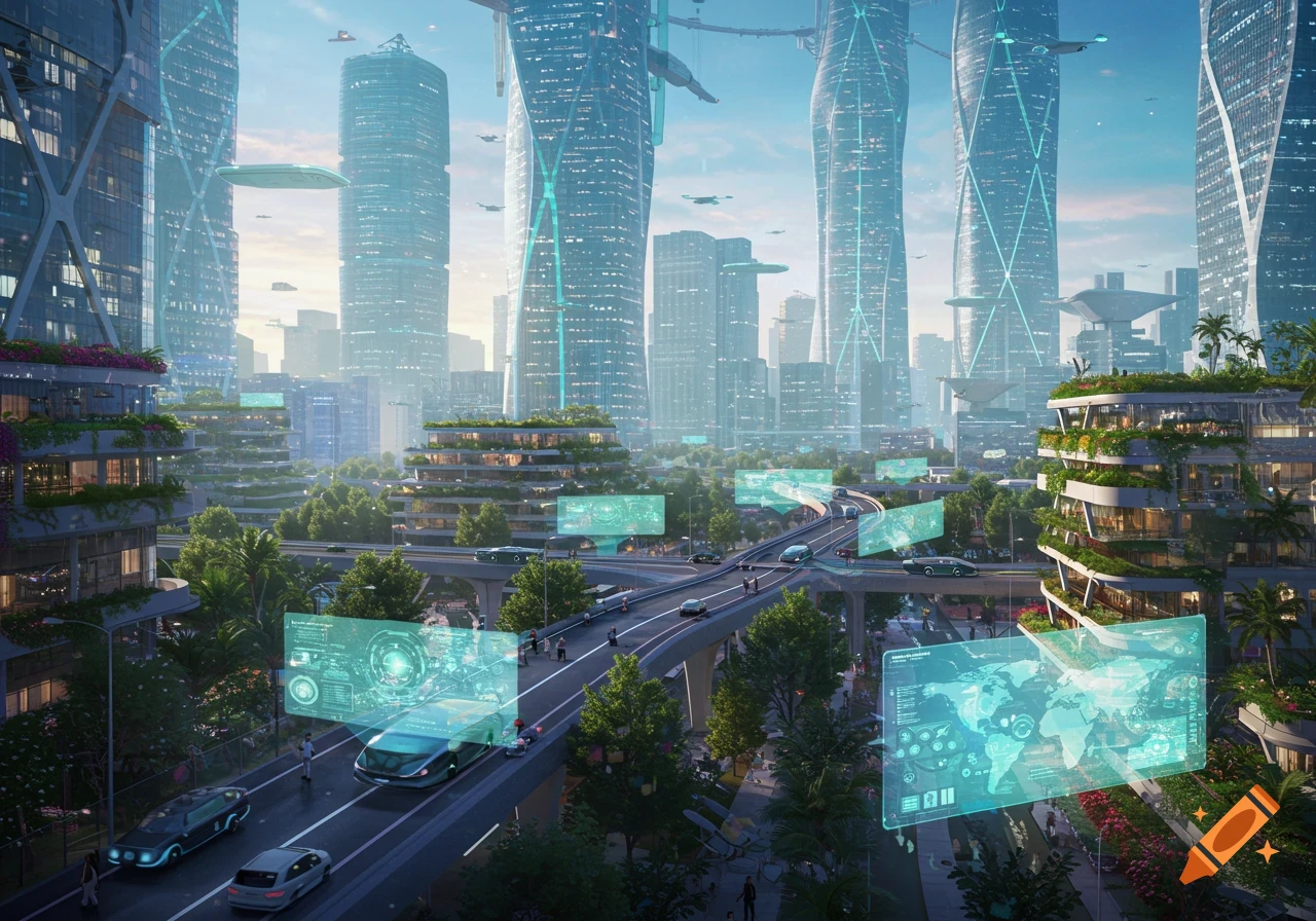 A photorealistic depiction of a futuristic city with towering skyscrapers, elevated roads, flying vehicles, and green buildings.