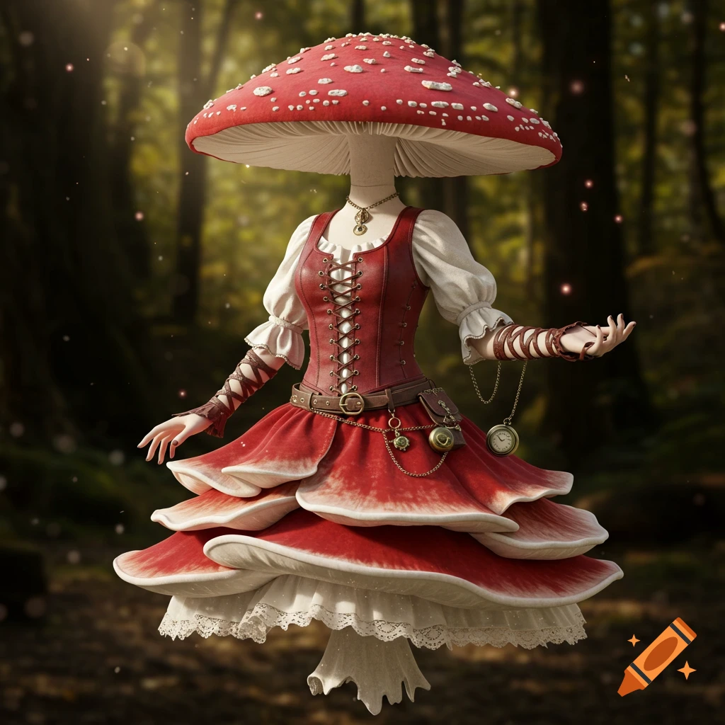 A detailed red and white mushroom-inspired dress with steampunk accessories, on a headless figure in a forest.