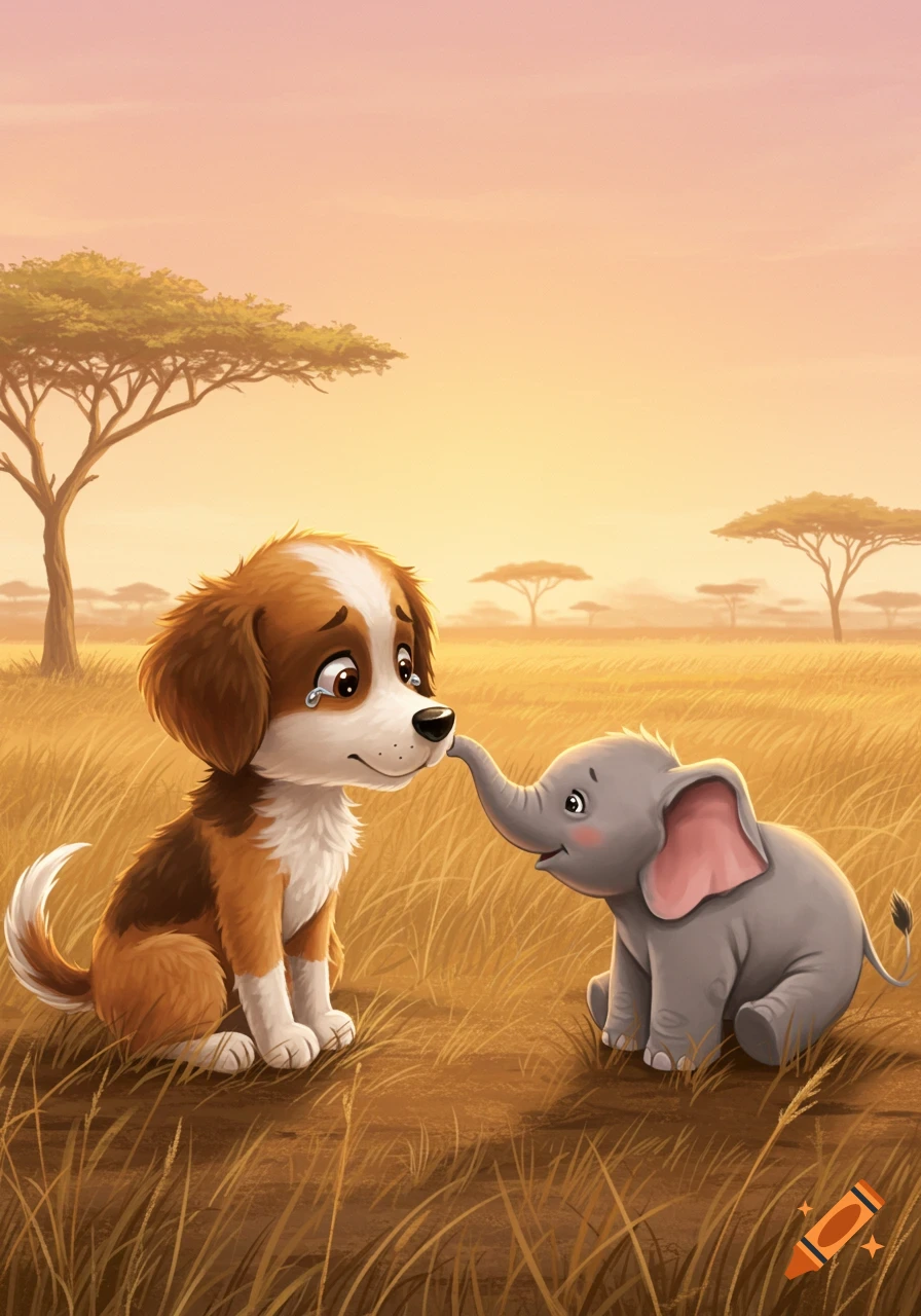 A cartoon dog with a tear under its eye touches noses with a baby elephant in a grassy savanna at sunset.