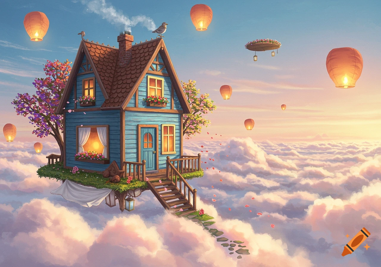 A whimsical blue house floats on clouds under a pastel sky with glowing lanterns and a path of stone steps.