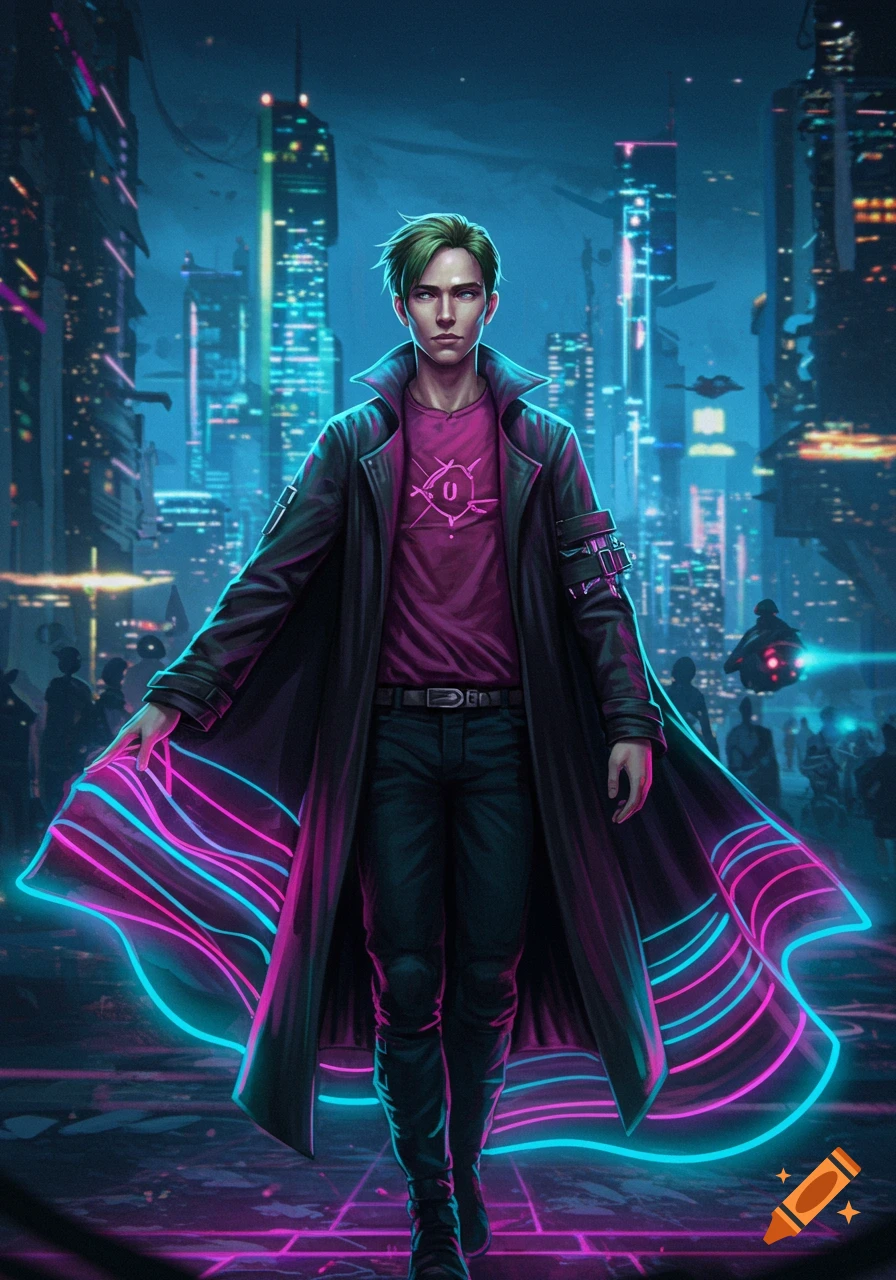 A futuristic man with green hair and a long coat glowing with neon stripes walks through a neon-lit cyberpunk city.