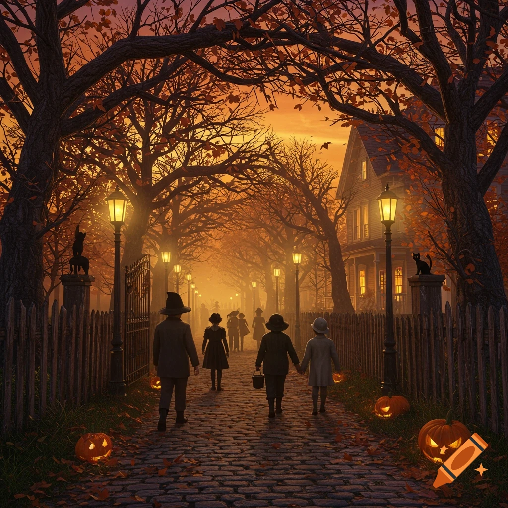 Children trick-or-treating on a cobblestone path lined with autumn trees and glowing jack-o'-lanterns at dusk.