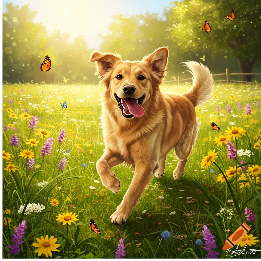 A happy golden retriever runs through a sunlit field of colorful wildflowers and butterflies.