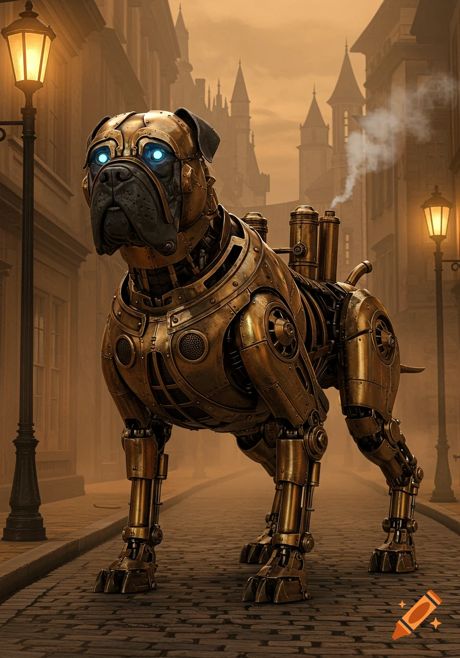 A detailed bronze steampunk robot mastiff stands on a cobblestone street with glowing blue eyes, buildings, and streetlights in the background.