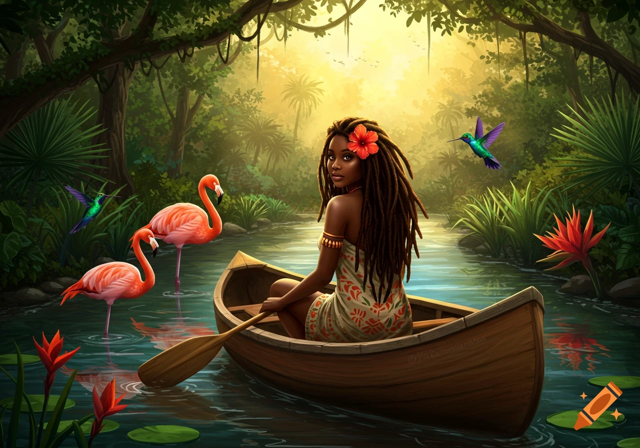 A Black woman with dreadlocks and a red flower sits in a canoe on a tropical river, surrounded by flamingos, hummingbirds, and lush foliage.