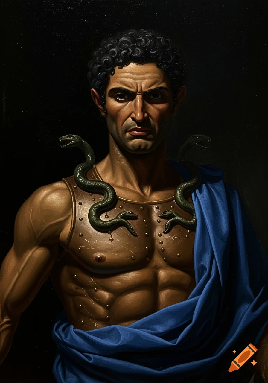 Oil painting of a muscular Etruscan hero in bronze armor with snakes, wearing a blue cloak, against a dark background.