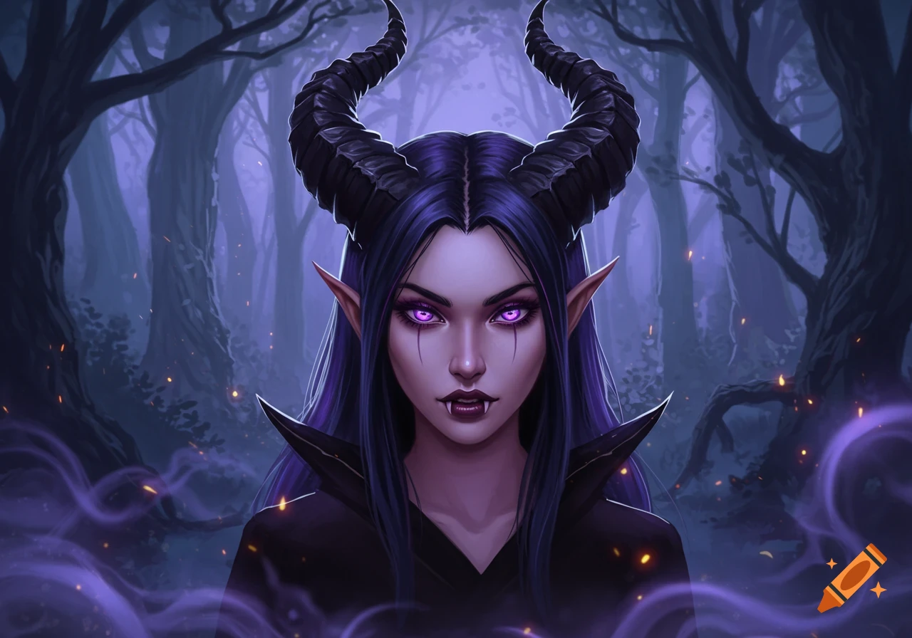 A dark fantasy illustration of a horned creature with purple hair, glowing purple eyes, and fangs in a mystical forest.