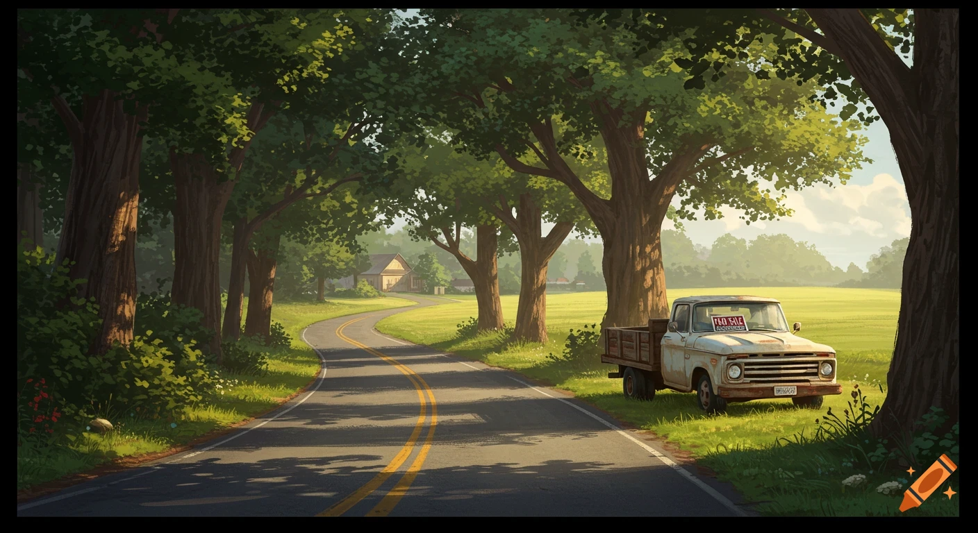 A winding road through a forest opens to a field with an old white truck with a "for sale" sign on the side.