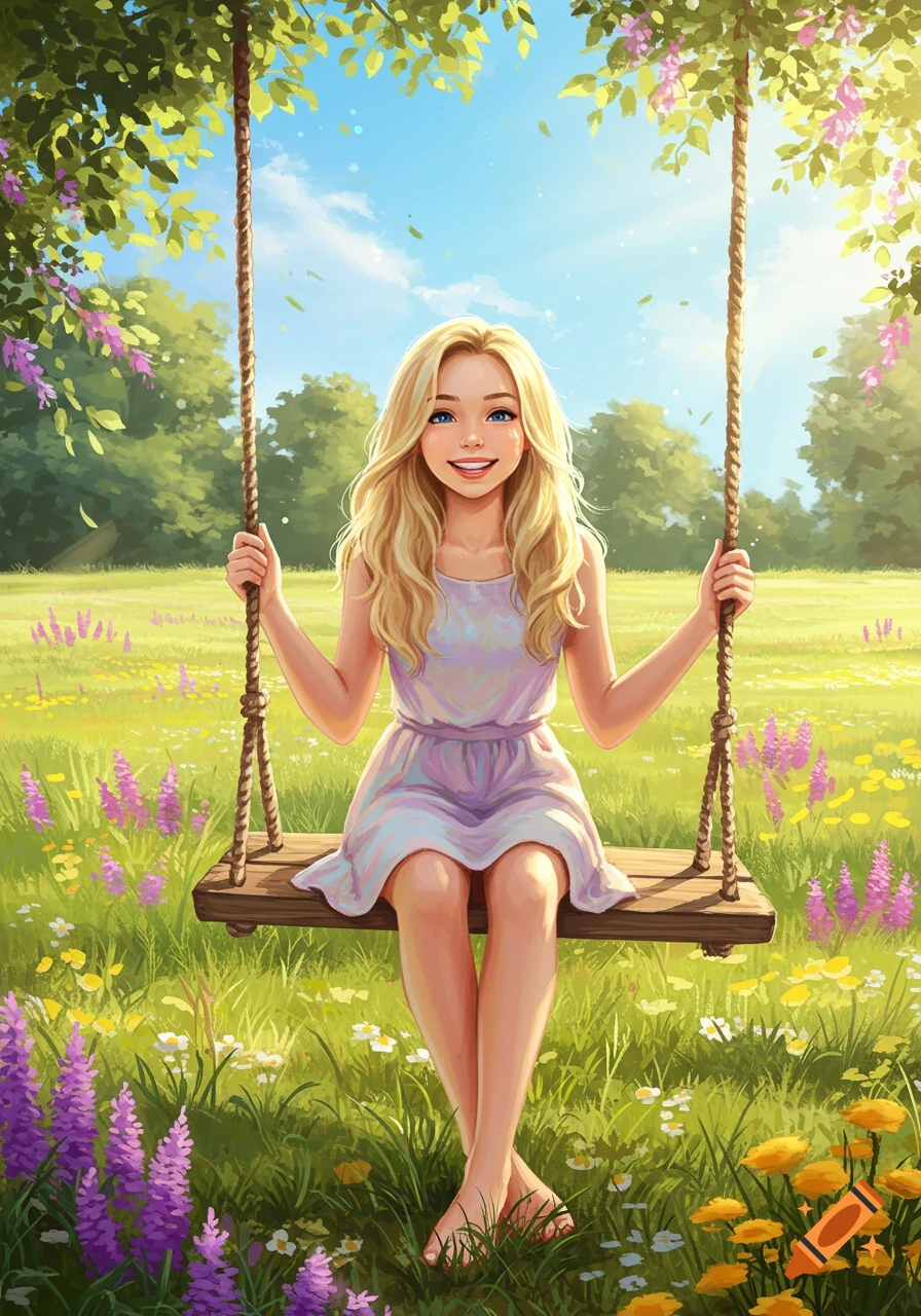 An illustration of a smiling blonde girl on a wooden swing in a sunny field with colorful flowers and trees.