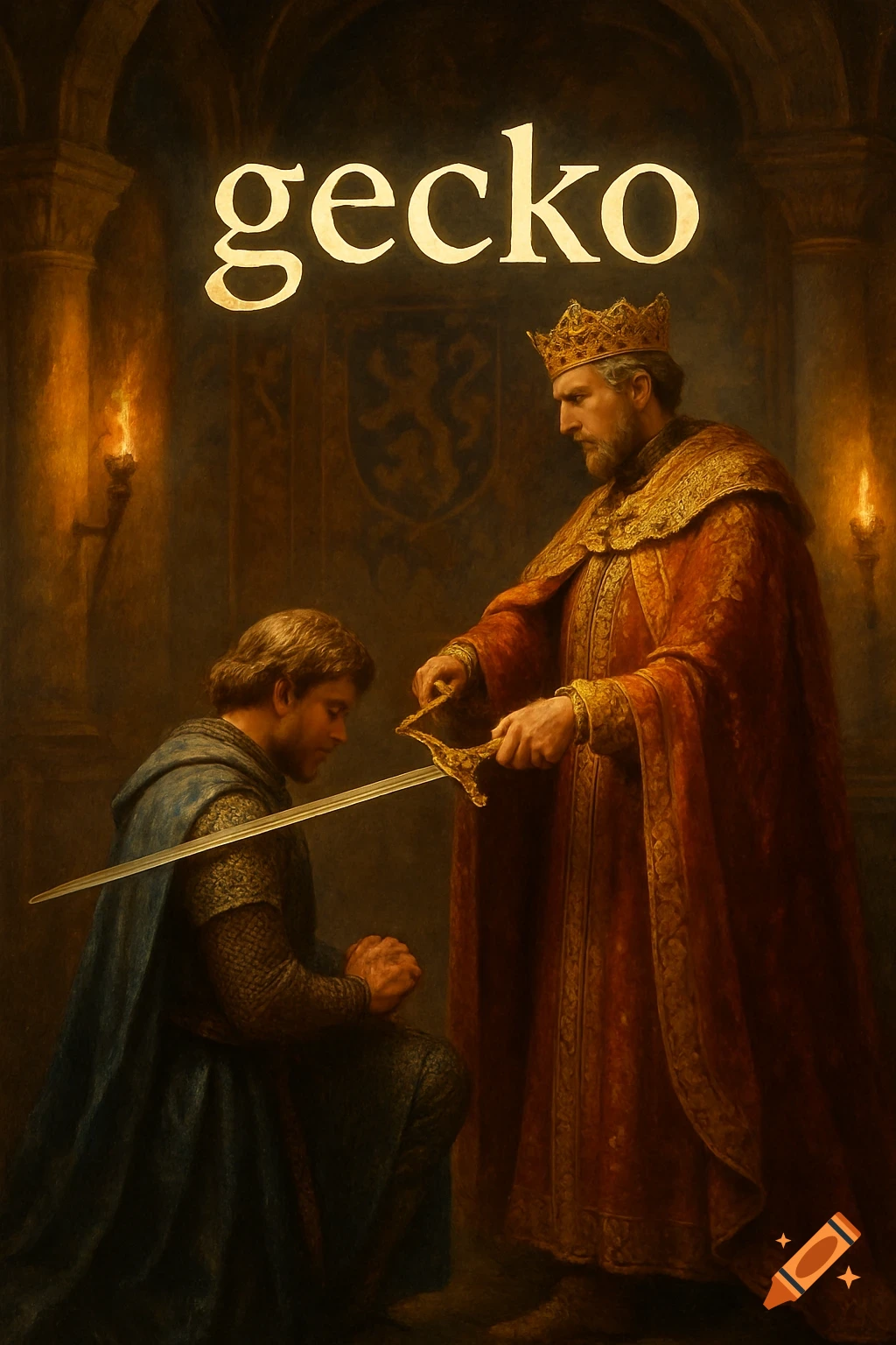 A king in a red robe knights a kneeling man in a blue cloak in a dark, torchlit hall, with the word gecko above, in a painted style.