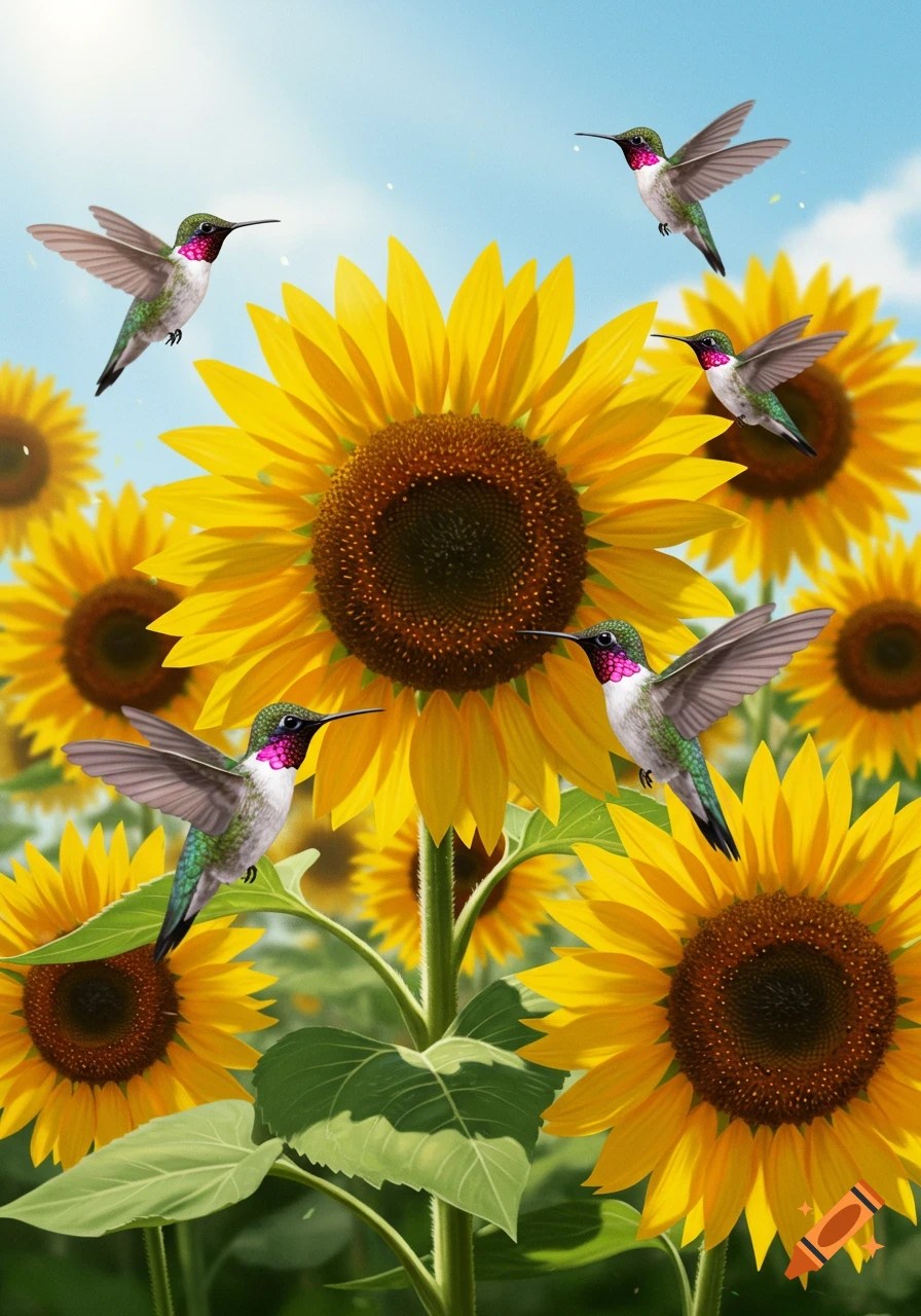 Multiple hummingbirds with green and pink plumage fly around a field of vibrant yellow sunflowers under a clear blue sky.