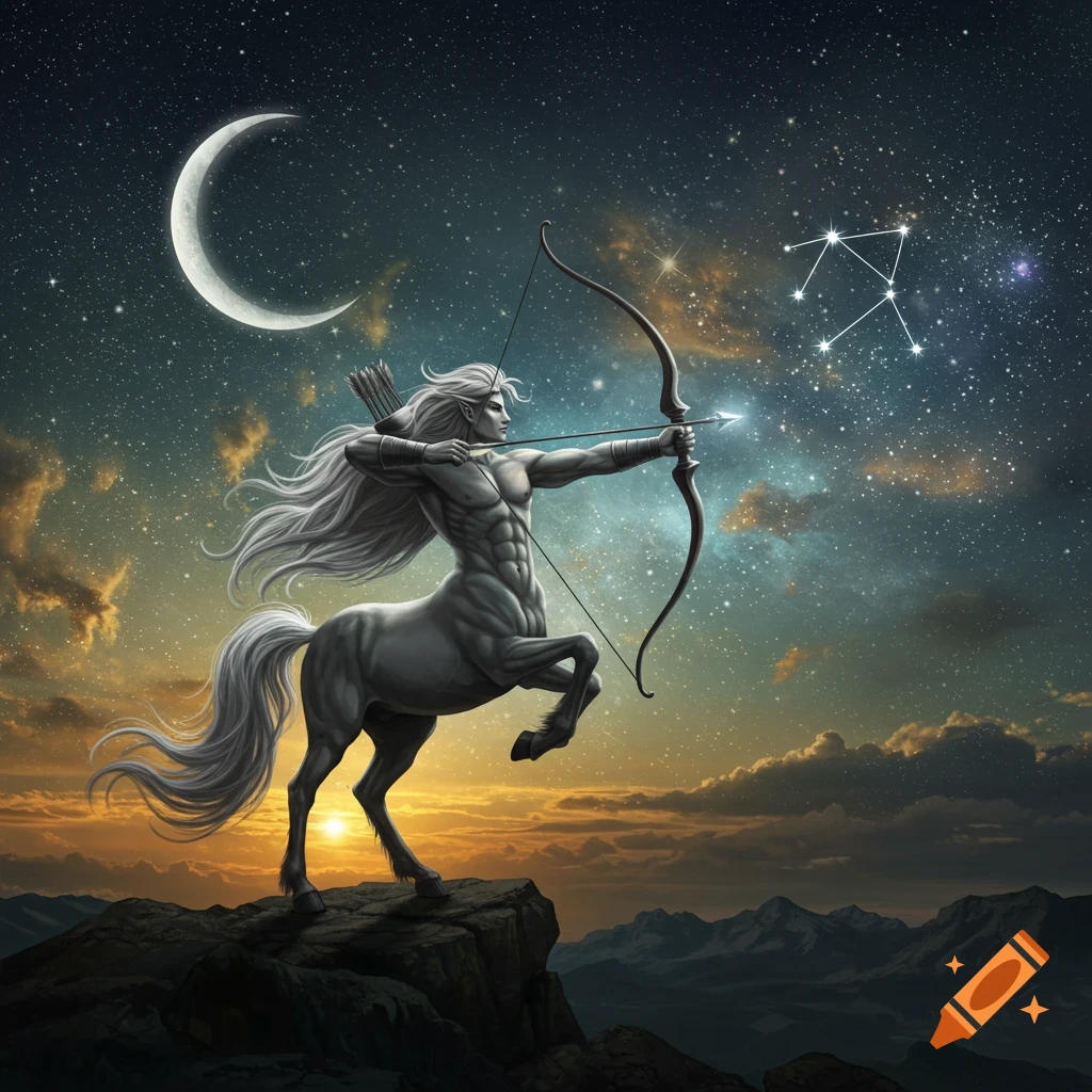 A muscular centaur with long white hair aims a bow and arrow at a constellation in a starry night sky with a crescent moon and sunset clouds.