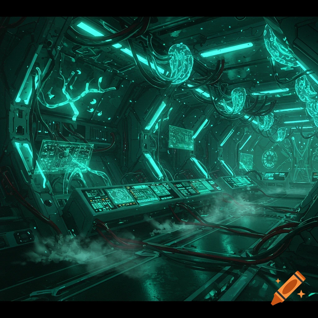 Interior of a dark, futuristic alien spaceship with glowing teal screens, control panels, and wires. Smoke billows on the floor.
