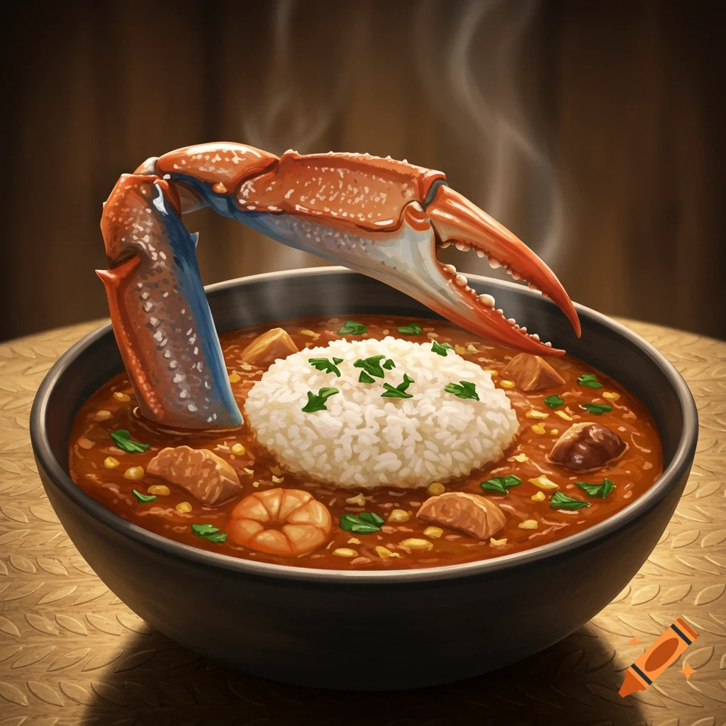 A steaming bowl of gumbo with a scoop of white rice, shrimp, and meat, featuring a large crab claw extending over the edge.