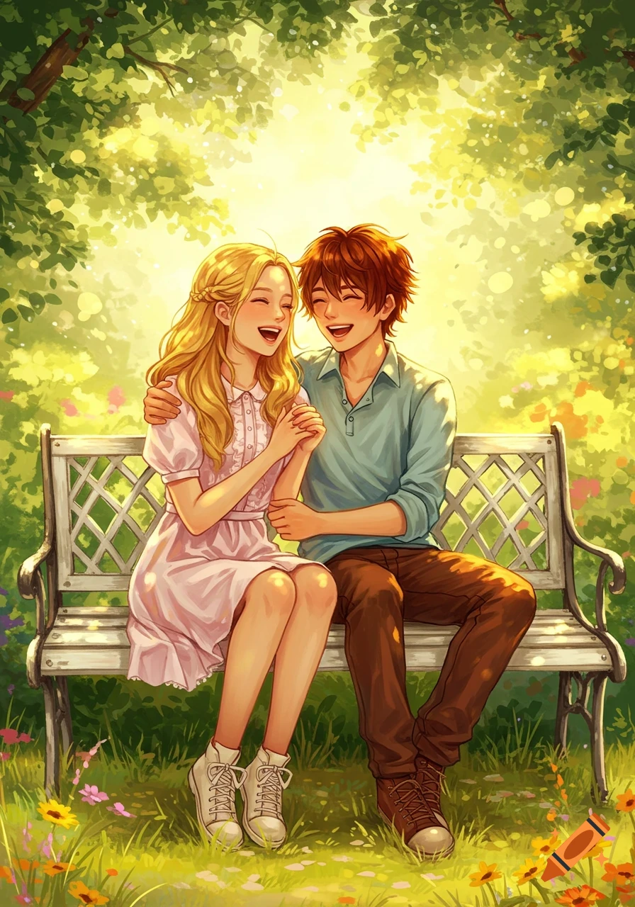 An anime illustration of a happy blonde girl and brown-haired boy sitting on a park bench, laughing and holding hands, bathed in sunlight.