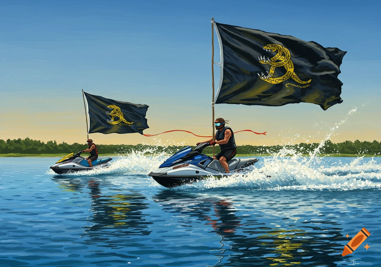 Two people on jet skis on a lake, each with a Gadsden flag flying from a pole, with trees in the background.