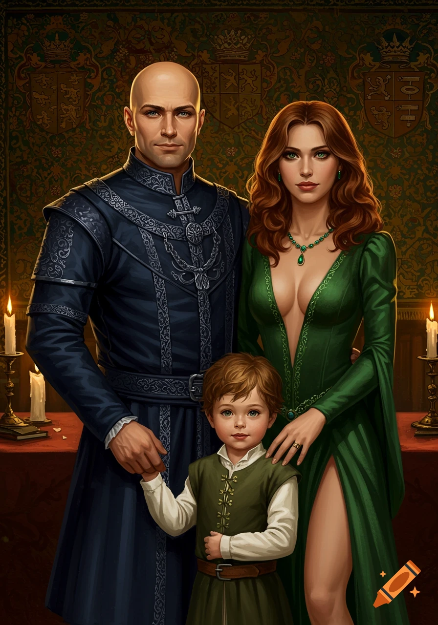 A fantasy family portrait featuring a bald man in a dark noble outfit, a woman in a green gown with a low neckline, and a young boy.