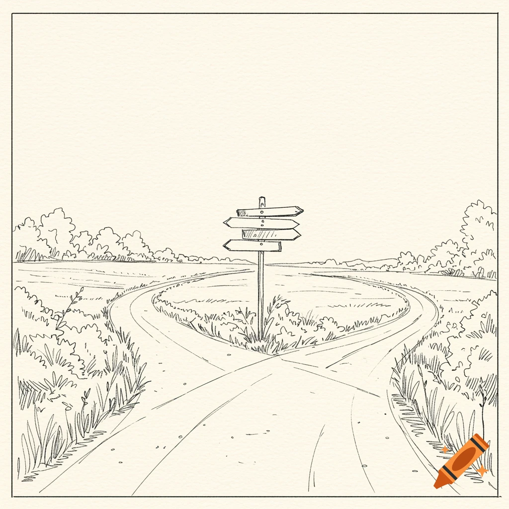 Line drawing of a dirt road forking, with a signpost at the crossroads surrounded by bushes and fields.