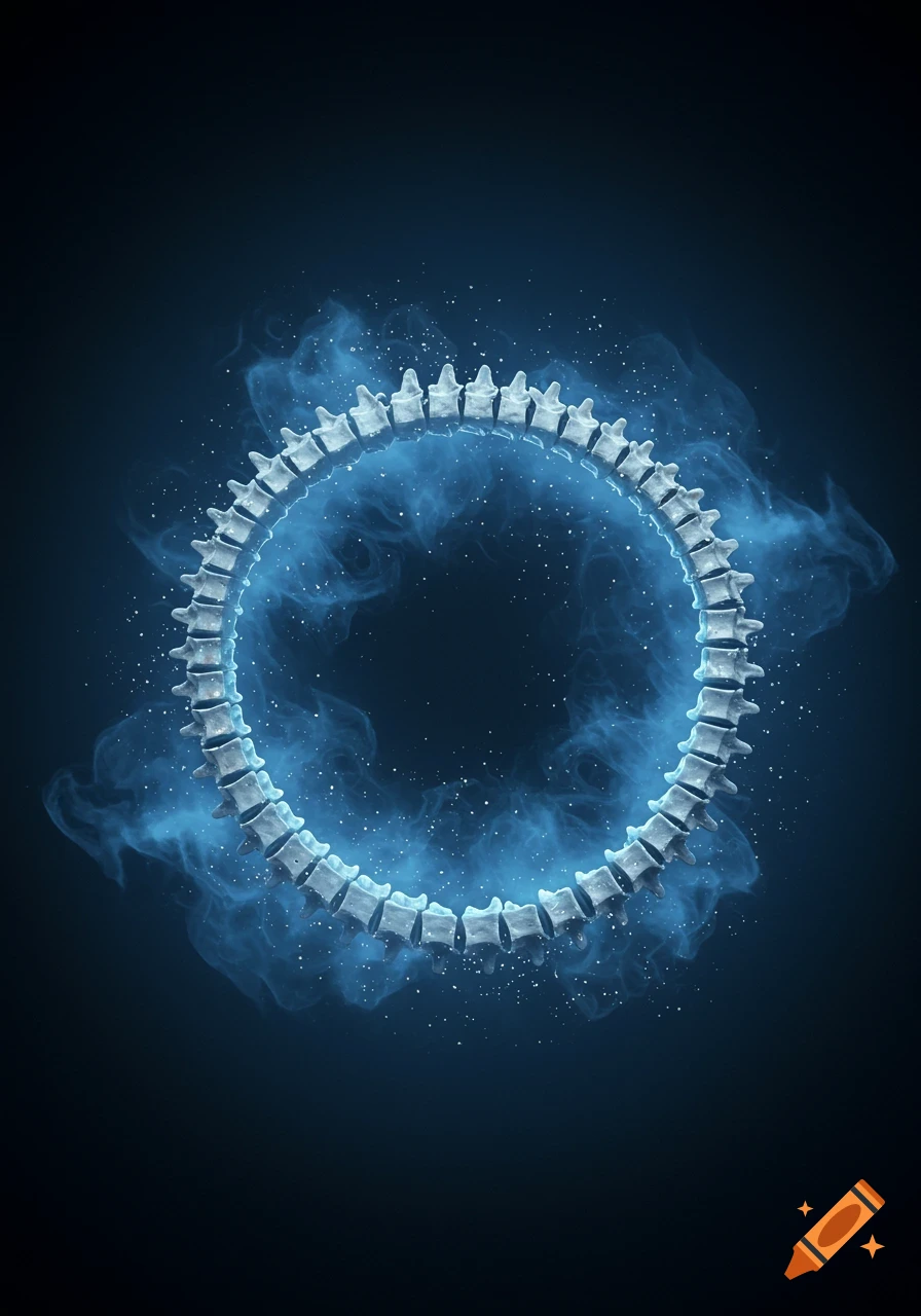 A glowing skeletal spine forms a complete circle, like an ouroboros, surrounded by blue smoke and sparkles on a dark background.