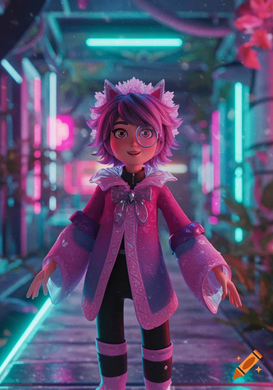 A cute 3D anime-style character with pink hair and cat ears, wearing a pink coat, stands in a neon-lit cyberpunk hallway.