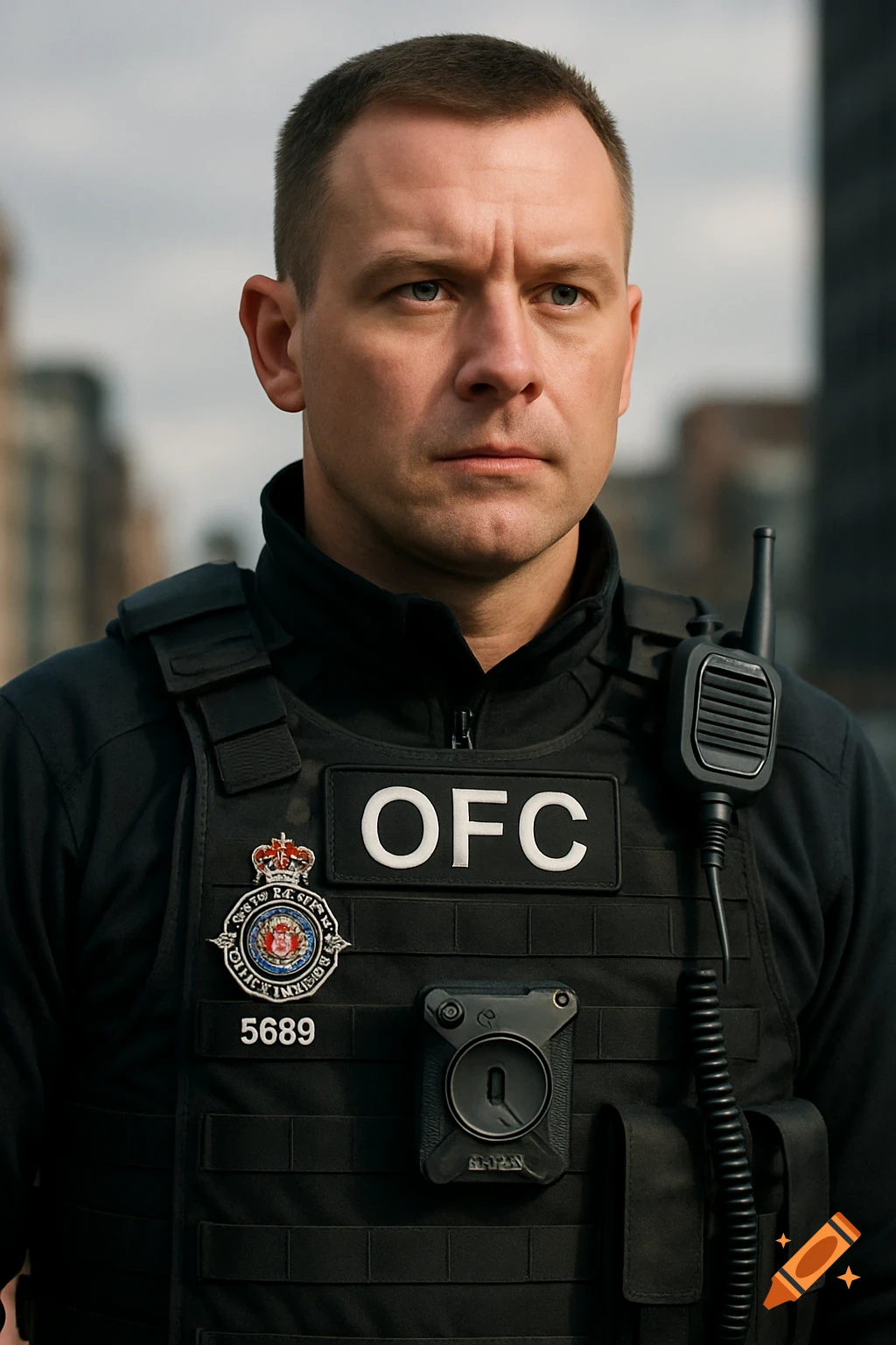 A serious-looking white male police officer in a black tactical vest with OFC patch and badge number 5689.
