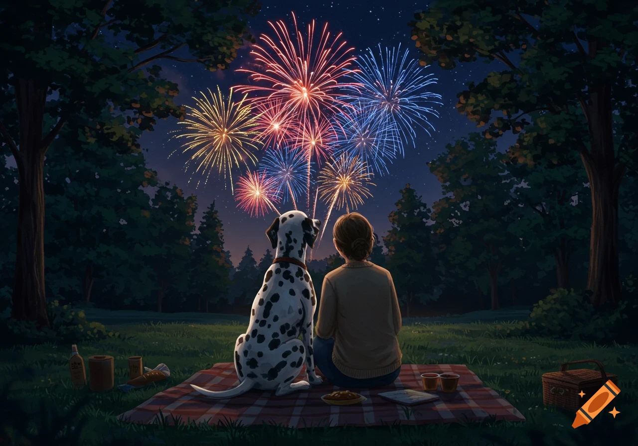 A Dalmatian dog and a person sit on a blanket in a park at night, watching a vibrant fireworks display.