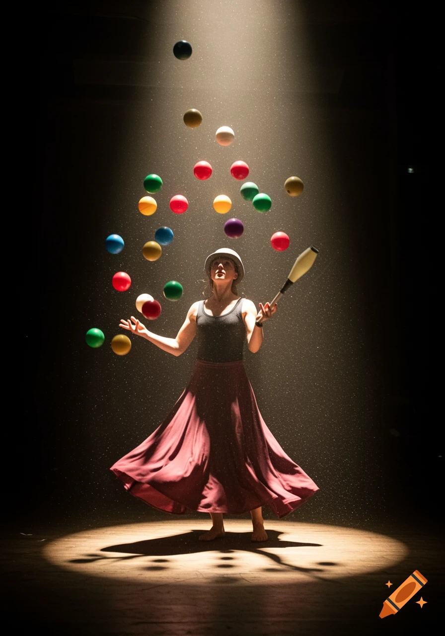A female juggler in a spotlight in a dark room, wearing a long skirt and a hat, juggling many colorful balls and holding a club.