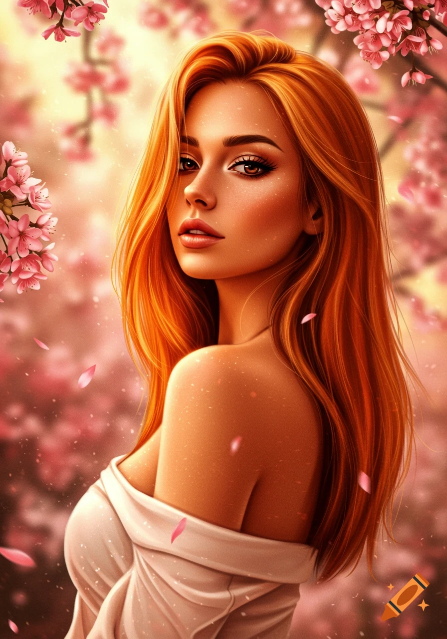 A vibrant, stylized portrait of a beautiful woman with long red hair looking over her shoulder amidst pink cherry blossoms and falling petals.