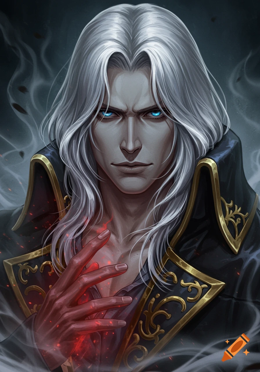 Portrait of a male character with long white hair, glowing blue eyes, and a red glowing hand, with a dark, smoky background in an anime style.