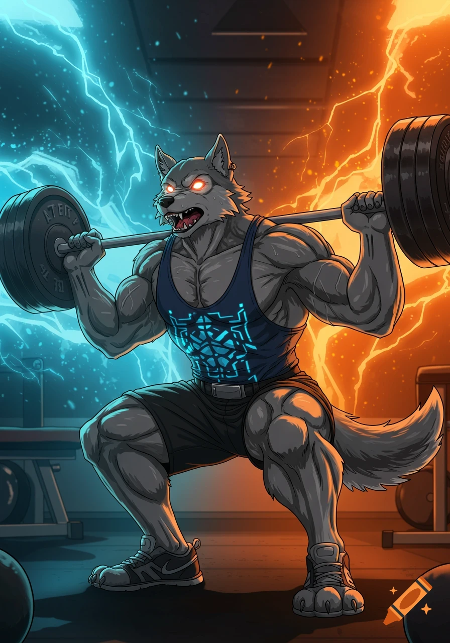 A muscular gray wolf in a blue tank top and shorts does squats with a barbell in a gym, stylized as anime art with lightning.
