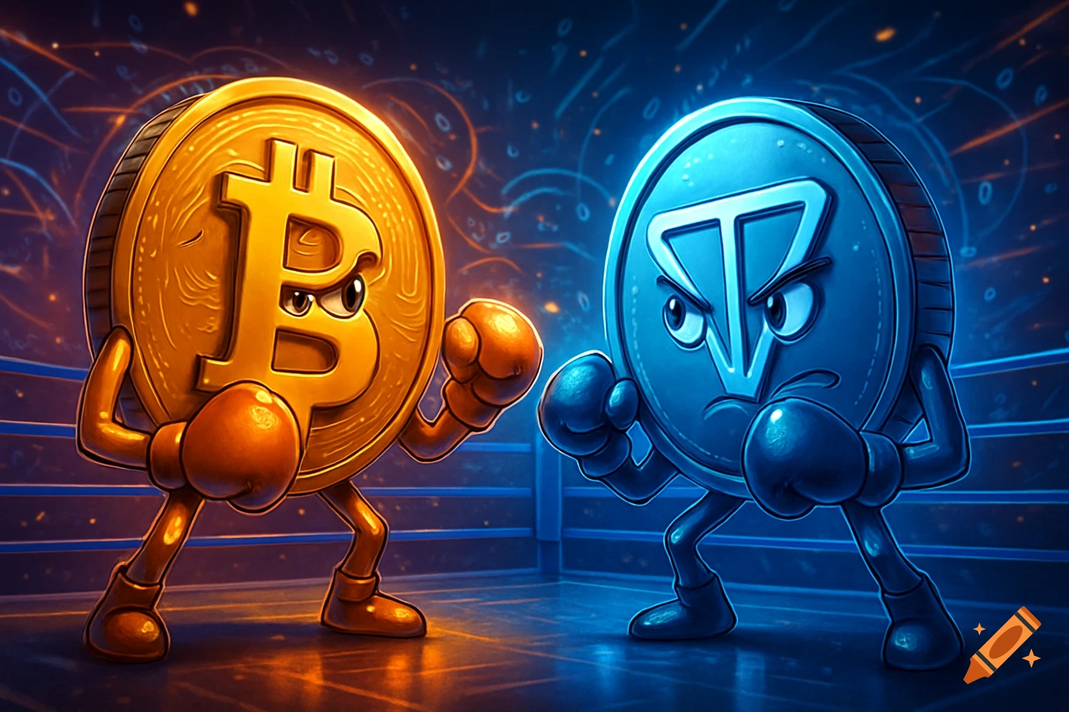 Cartoon Bitcoin and TON Coin characters in boxing gloves face off in a boxing ring.