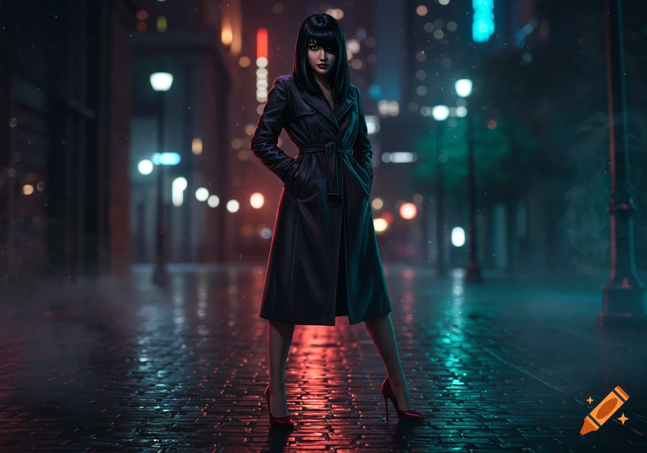 A woman in a black trench coat and red high heels stands on a wet city street at night, lit by neon lights.