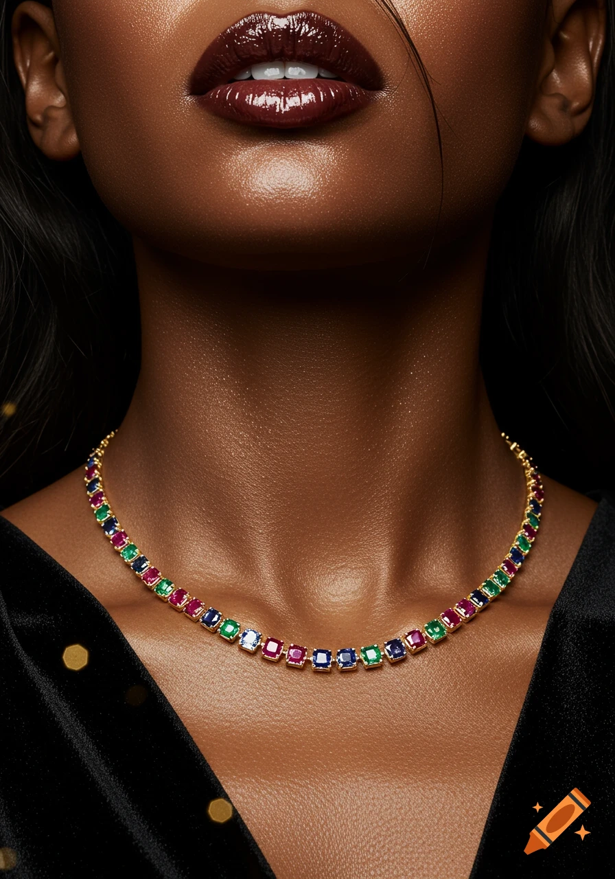 Close-up of a woman with glossy deep-red lips and a colorful ruby, emerald, and sapphire gold necklace. Photorealistic style.