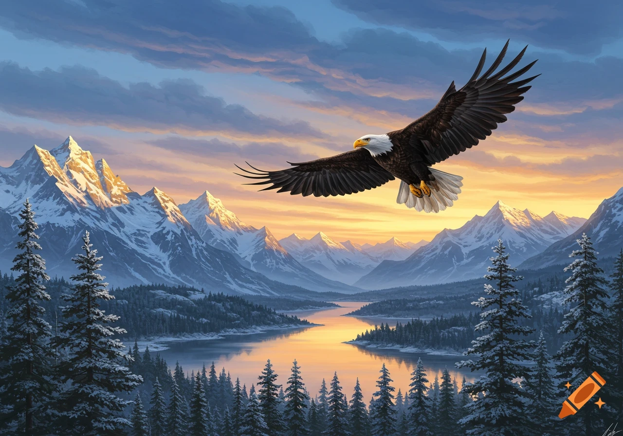 A bald eagle flies majestically over snowy mountains, a lake reflecting the sunrise, and pine trees.