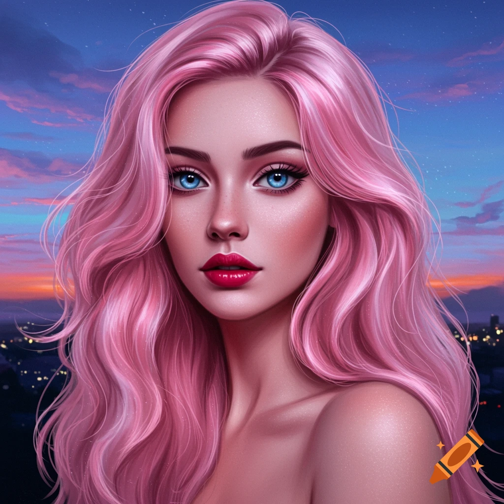 Digital art portrait of a woman with long wavy pink hair, bright blue eyes, and red lips, set against a vibrant sunset sky over a city.