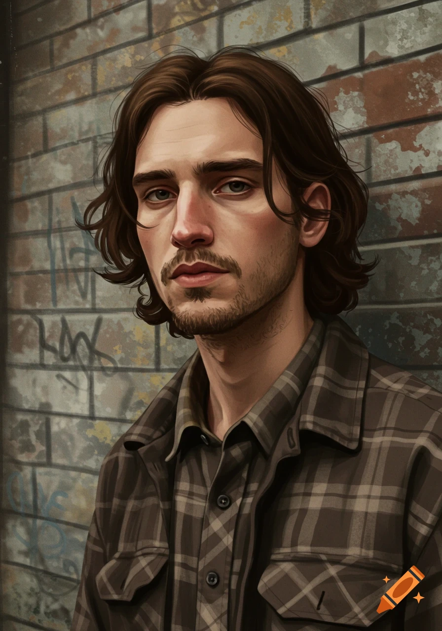 Digital painting of a man with long brown hair and a beard, wearing a plaid shirt, leaning against a brick wall with graffiti.