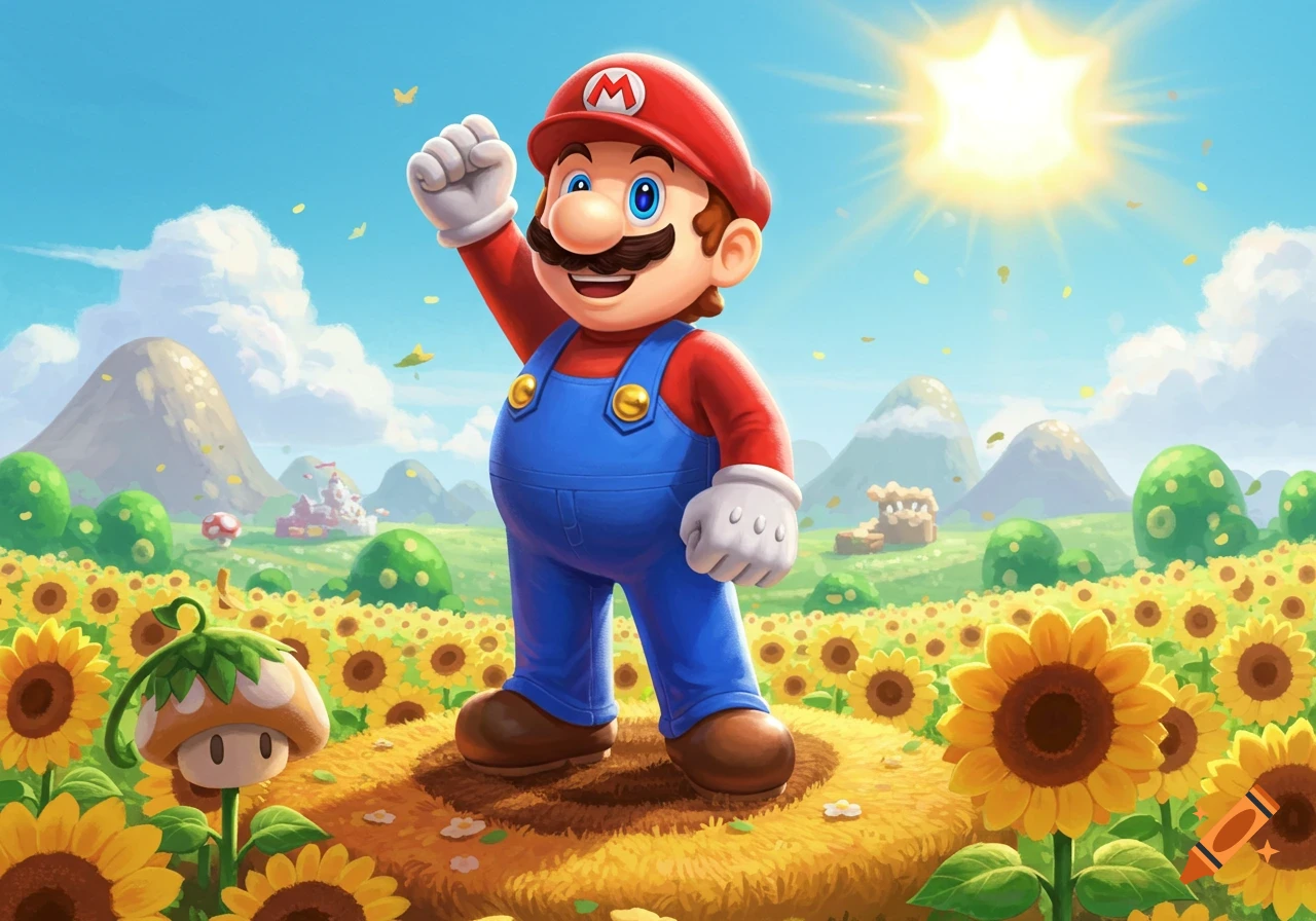 Mario stands triumphantly in a vibrant sunflower field under a sunny blue sky, a cartoon mushroom nearby.