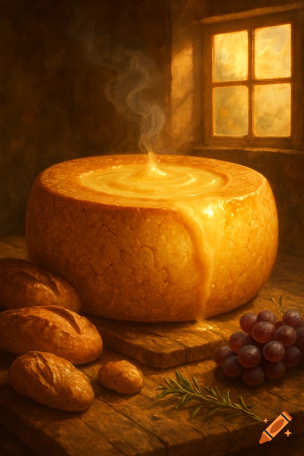 A large wheel of hot, melted cheese with bread loaves and grapes on a rustic wooden table illuminated by a window.