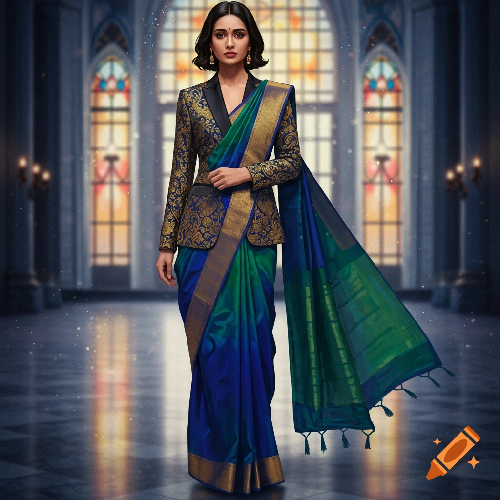 A woman in a hybrid formal outfit, combining a gold and blue patterned blazer with a blue and green sari, stands in a grand hall with stained glass windows.